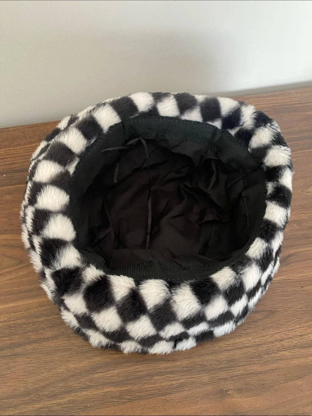 Checkered fuzzy bucket hat